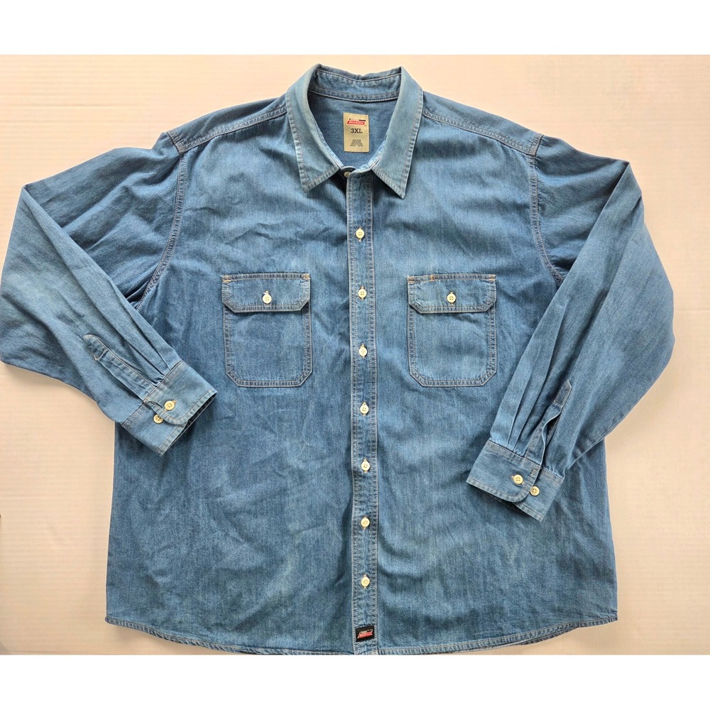 Genuine Dickies Mens 3XL Denim Button Down Shirt Long Sleeve Blue Workwear